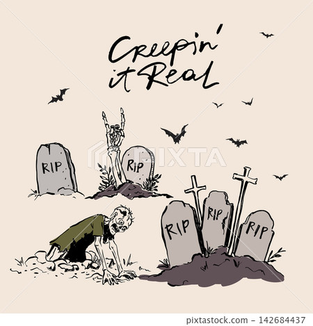 Vintage Halloween illustration with zombie crawling from cemetery graves, bats and Creep in it Real lettering. Vintage Halloween illustration with zombie crawling from cemetery graves, bats and Creep in it Real lettering. 142684437