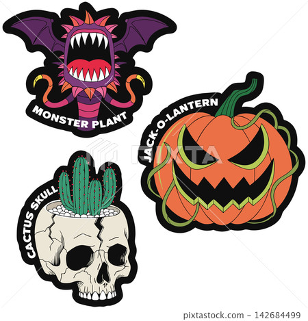 These illustrations are colorful, cartoon-style stickers or patches with a Halloween theme These illustrations are colorful, cartoon-style stickers or patches with a Halloween theme 142684499