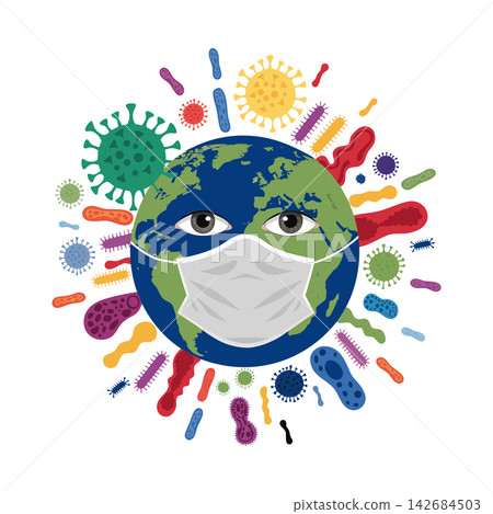 The image depicts a personified Planet Earth with eyes and a white protective mask, surrounded by various colorful virus icons 142684503