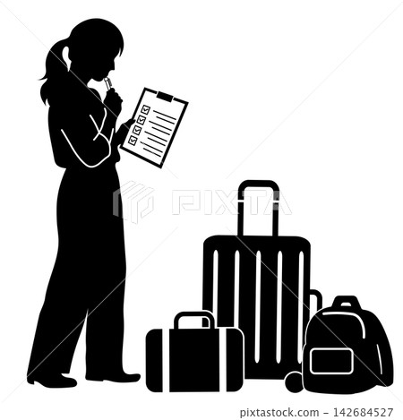 A woman checking her travel packing list and the silhouette of her luggage. A woman checking her travel packing list and the silhouette of her luggage. 142684527