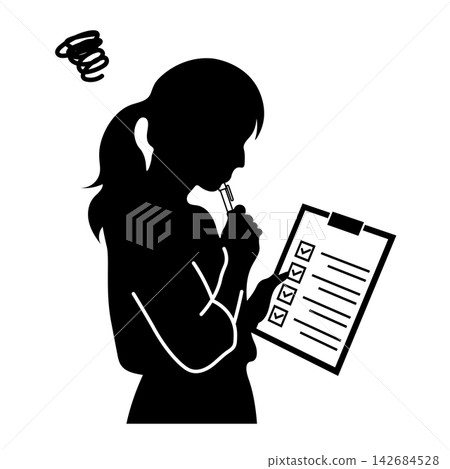 A silhouette of a woman checking her belongings on a checklist and a camera. A silhouette of a woman checking her belongings on a checklist and a camera. 142684528