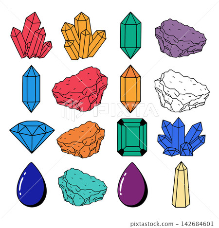 The image shows a digital collection of 16 colorful, hand-drawn vector illustrations depicting various crystals The image shows a digital collection of 16 colorful, hand-drawn vector illustrations depicting various crystals 142684601
