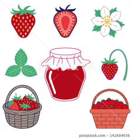 The image shows a set of nine flat vector icons depicting strawberries, strawberry flowers The image shows a set of nine flat vector icons depicting strawberries, strawberry flowers 142684656