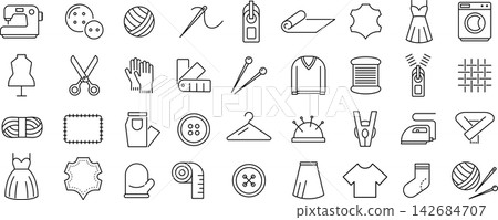 Set of monochrome line icons about sewing in vector 142684707