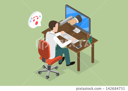 3D Isometric Flat Vector Illustration of Cyber Robbery, Hand Emerges From Laptop Screen, Aiming To Attack User Through Social Media. 3D Isometric Flat Vector Illustration of Cyber Robbery, Hand Emerges From Laptop Screen, Aiming To Attack User Through Social Media. 142684731