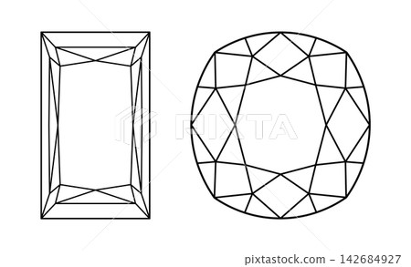 Set of Diamond Princess, Cushion old money cut shapes. Design simple diagrams. Cushion old money, Princess brilliant cuts. Gemstone outline flat icons for jewellery design, branding, packaging, logo. Set of Diamond Princess, Cushion old money cut shapes. Design simple diagrams. Cushion old money, Princess brilliant cuts. Gemstone outline flat icons for jewellery design, branding, packaging, logo. 142684927