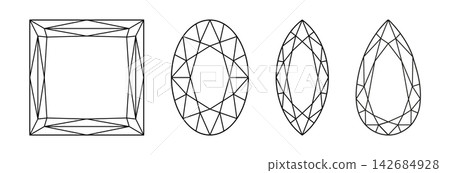 Princess, Oval, Pear, Marquise diamond cut shapes set. Design diagrams. Pear, Princess, Oval, Marquis brilliant cut icons. Gemstone outline patterns for jewellery design, branding, packaging, logos. 142684928