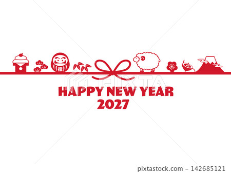 New Year's Cards 2027: New Year's card materials - Illustrations of sheep and auspicious symbols (sheep, daruma doll, Mt. Fuji, pine, bamboo, plum blossoms) 142685121