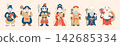 A cute illustration of the Seven Lucky Gods lined up with smiles on their faces. 142685334