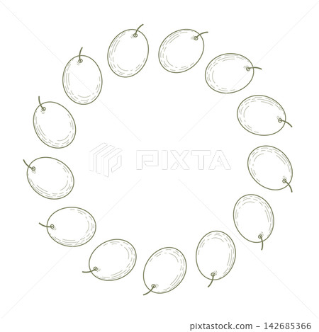 Round olive fruit frame border Blank Copy space in vintage monochrome hand drawn engraving line art. Isolated Vector illustration Olive oil label, packaging, menu covers and natural food branding, tag Round olive fruit frame border Blank Copy space in vintage monochrome hand drawn engraving line art. Isolated Vector illustration Olive oil label, packaging, menu covers and natural food branding, tag 142685366