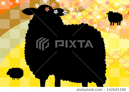 An elegant design featuring traditional Japanese patterns and black animal silhouettes with cherry blossoms fluttering about. An elegant design featuring traditional Japanese patterns and black animal silhouettes with cherry blossoms fluttering about. 142685390
