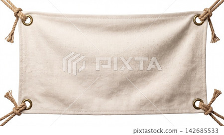 Textured burlap fabric banner tied with corner ropes against white background material background fastened strained presentation isolated creative Textured burlap fabric banner tied with corner ropes against white background material background fastened strained presentation isolated creative 142685533