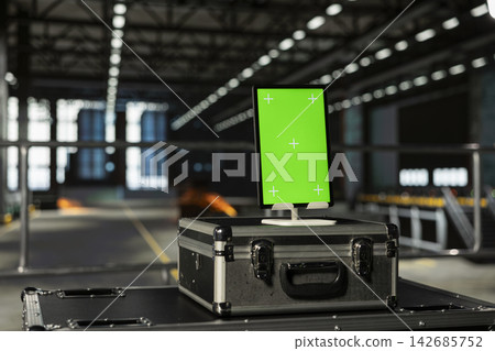 Vertical green screen on tablet in empty industrial factory showing production hall with heavy equipment and metallic beams. Large-scale facility supporting manufacturing process. Vertical green screen on tablet in empty industrial factory showing production hall with heavy equipment and metallic beams. Large-scale facility supporting manufacturing process. 142685752