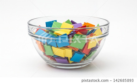 Glass bowl filled with multicolored square paper pieces multicolored stationary colorful assorted background creative materials supplies collection container translucent isolated brightly textured 142685893