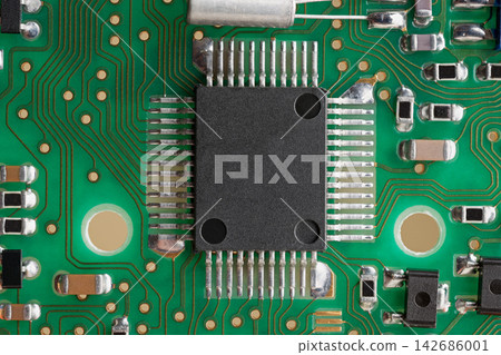 Circuit Board Microchip Close-Up with Electronic Components Circuit Board Microchip Close-Up with Electronic Components 142686001