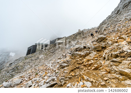 Rocky Mountain Hiking Trail with Foggy Alpine Landscape Rocky Mountain Hiking Trail with Foggy Alpine Landscape 142686002