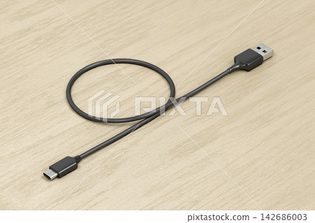 USB-C Charging Cable on Wooden Desk, Realistic Tech Product Render USB-C Charging Cable on Wooden Desk, Realistic Tech Product Render 142686003