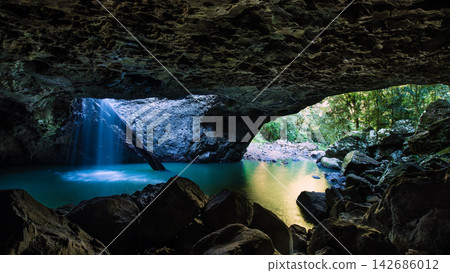Waterfall Cave with Turquoise Pool in Tropical Forest Waterfall Cave with Turquoise Pool in Tropical Forest 142686012