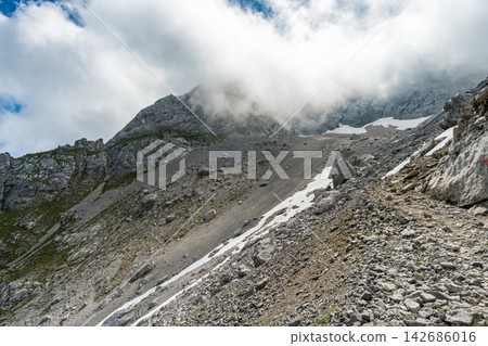 Rocky Alpine Mountain Landscape with Clouds and Snow Rocky Alpine Mountain Landscape with Clouds and Snow 142686016