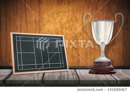 Championship Trophy with Tournament Bracket on Rustic Wood Background 142686067