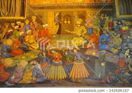 Iran, Isfahan, Palace of Forty Pillars, Chehel Sotoun Garden Museum, murals in the Throne Room Iran, Isfahan, Palace of Forty Pillars, Chehel Sotoun Garden Museum, murals in the Throne Room 142686187