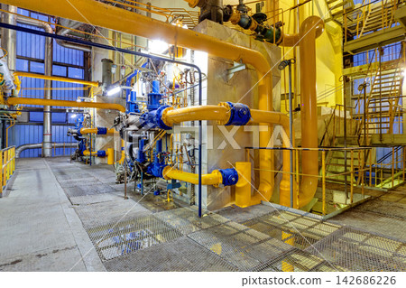 Industrial Pipeline System Inside Power Plant Factory Interior Industrial Pipeline System Inside Power Plant Factory Interior 142686226