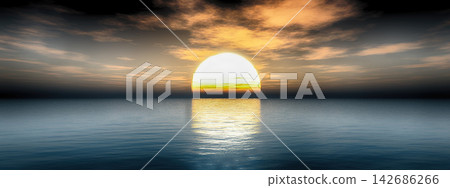 Ocean Sunset Panorama with Golden Sun and Calm Sea Ocean Sunset Panorama with Golden Sun and Calm Sea 142686266