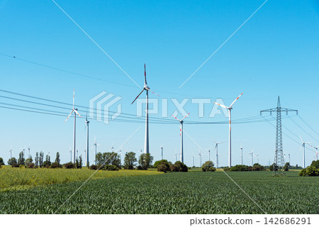 Wind Turbines and Power Lines in Green Energy Landscape Wind Turbines and Power Lines in Green Energy Landscape 142686291