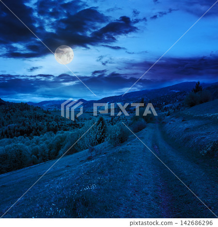 Full Moon Night Landscape Over Blue Mountain Valley Full Moon Night Landscape Over Blue Mountain Valley 142686296