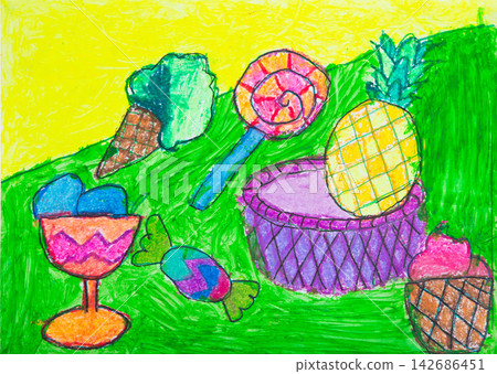 Colorful Kids Dessert Drawing with Ice Cream, Candy, and Pineapple Colorful Kids Dessert Drawing with Ice Cream, Candy, and Pineapple 142686451