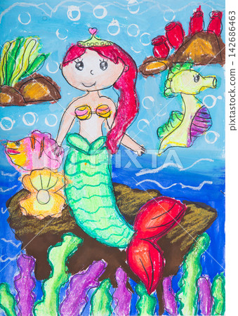 Mermaid Underwater Childlike Drawing with Seahorse and Coral Reef Mermaid Underwater Childlike Drawing with Seahorse and Coral Reef 142686463