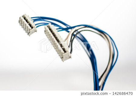 Electrical Wire Harness Connectors on White Background Electrical Wire Harness Connectors on White Background 142686470