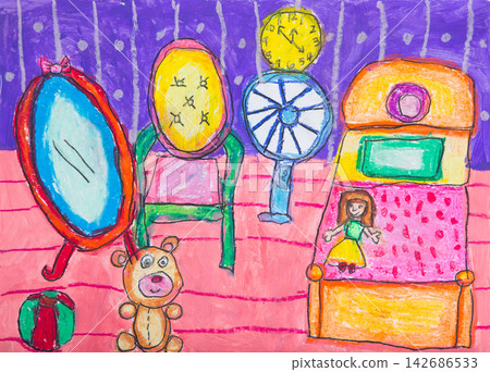 Colorful Childlike Bedroom Interior Illustration with Toys Colorful Childlike Bedroom Interior Illustration with Toys 142686533