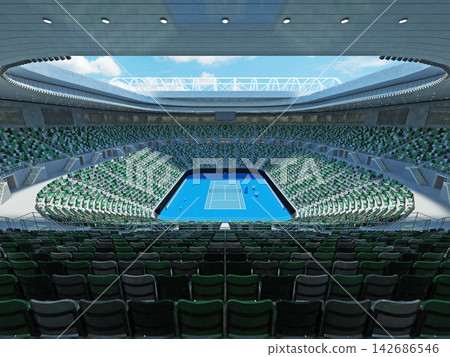Modern Empty Tennis Stadium Interior with Blue Center Court Modern Empty Tennis Stadium Interior with Blue Center Court 142686546