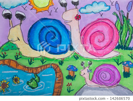 Colorful Snail Garden Childlike Crayon Illustration Colorful Snail Garden Childlike Crayon Illustration 142686570