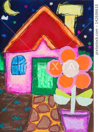Childlike House Illustration with Flower and Night Sky 142686618