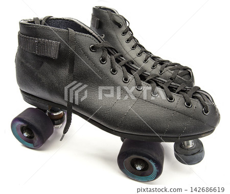 Black Leather Roller Skates on White Background Black Leather Roller Skates on White Background 142686619