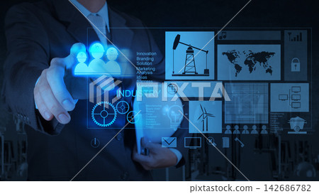 Industry Technology Interface with Businessman Touching Digital Dashboard Industry Technology Interface with Businessman Touching Digital Dashboard 142686782