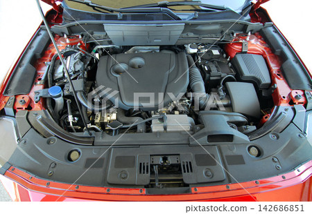 Car Engine Bay with Open Hood for Automotive Maintenance Car Engine Bay with Open Hood for Automotive Maintenance 142686851