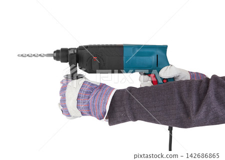 Power Drill with Gloved Worker Hands Isolated on White Power Drill with Gloved Worker Hands Isolated on White 142686865