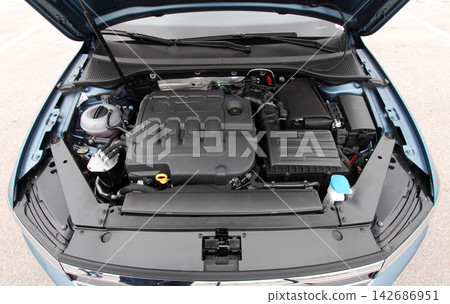 Car Engine Bay with Open Hood for Auto Maintenance Car Engine Bay with Open Hood for Auto Maintenance 142686951