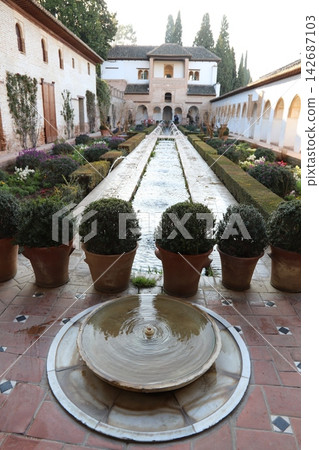 A view of the Courtyard of the Generalife, adjacent to the Alhambra Palace, a UNESCO World Heritage Site in Granada, Spain. A view of the Courtyard of the Generalife, adjacent to the Alhambra Palace, a UNESCO World Heritage Site in Granada, Spain. 142687103