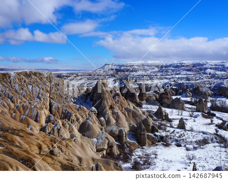 Snow-covered Cappadocia and the majestic landscape Snow-covered Cappadocia and the majestic landscape 142687945
