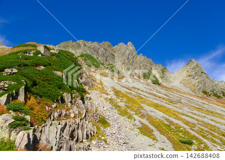 The Hotaka mountain range in the Northern Alps, and Mt. Karasawa as seen from below the Seitengrat ridge. The Hotaka mountain range in the Northern Alps, and Mt. Karasawa as seen from below the Seitengrat ridge. 142688408