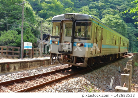 A local train passing by Tsubojiri Station, a remote station on the JR Shikoku Dosan Line (Miyoshi City, Tokushima Prefecture). A local train passing by Tsubojiri Station, a remote station on the JR Shikoku Dosan Line (Miyoshi City, Tokushima Prefecture). 142688538