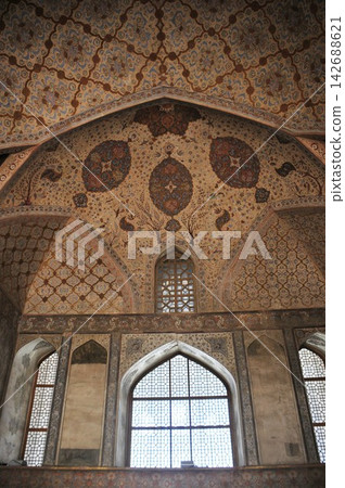 Iran, Isfahan, Imam Square, Ali Qapu Palace, Arabesque murals Iran, Isfahan, Imam Square, Ali Qapu Palace, Arabesque murals 142688621