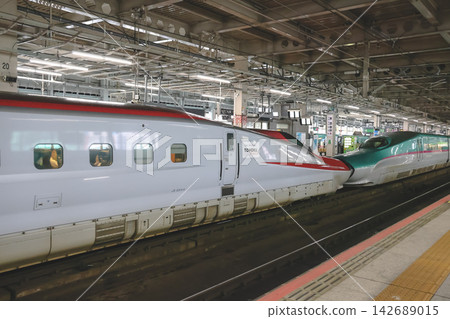 April 27 2026 Sendai Station Shinkansen trains side by side at platform April 27 2026 Sendai Station Shinkansen trains side by side at platform 142689015