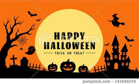 Halloween Banner: Illustrations and silhouettes of Jack-o'-lanterns, witches, ghosts, mansions, bats, and the moon. Halloween Banner: Illustrations and silhouettes of Jack-o'-lanterns, witches, ghosts, mansions, bats, and the moon. 142689259