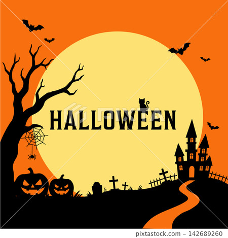 Halloween Banner: Illustrations and silhouettes of Jack-o'-lanterns, witches, ghosts, mansions, bats, and the moon. Halloween Banner: Illustrations and silhouettes of Jack-o'-lanterns, witches, ghosts, mansions, bats, and the moon. 142689260