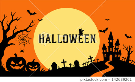 Halloween Banner: Illustrations and silhouettes of Jack-o'-lanterns, witches, ghosts, mansions, bats, and the moon. Halloween Banner: Illustrations and silhouettes of Jack-o'-lanterns, witches, ghosts, mansions, bats, and the moon. 142689261